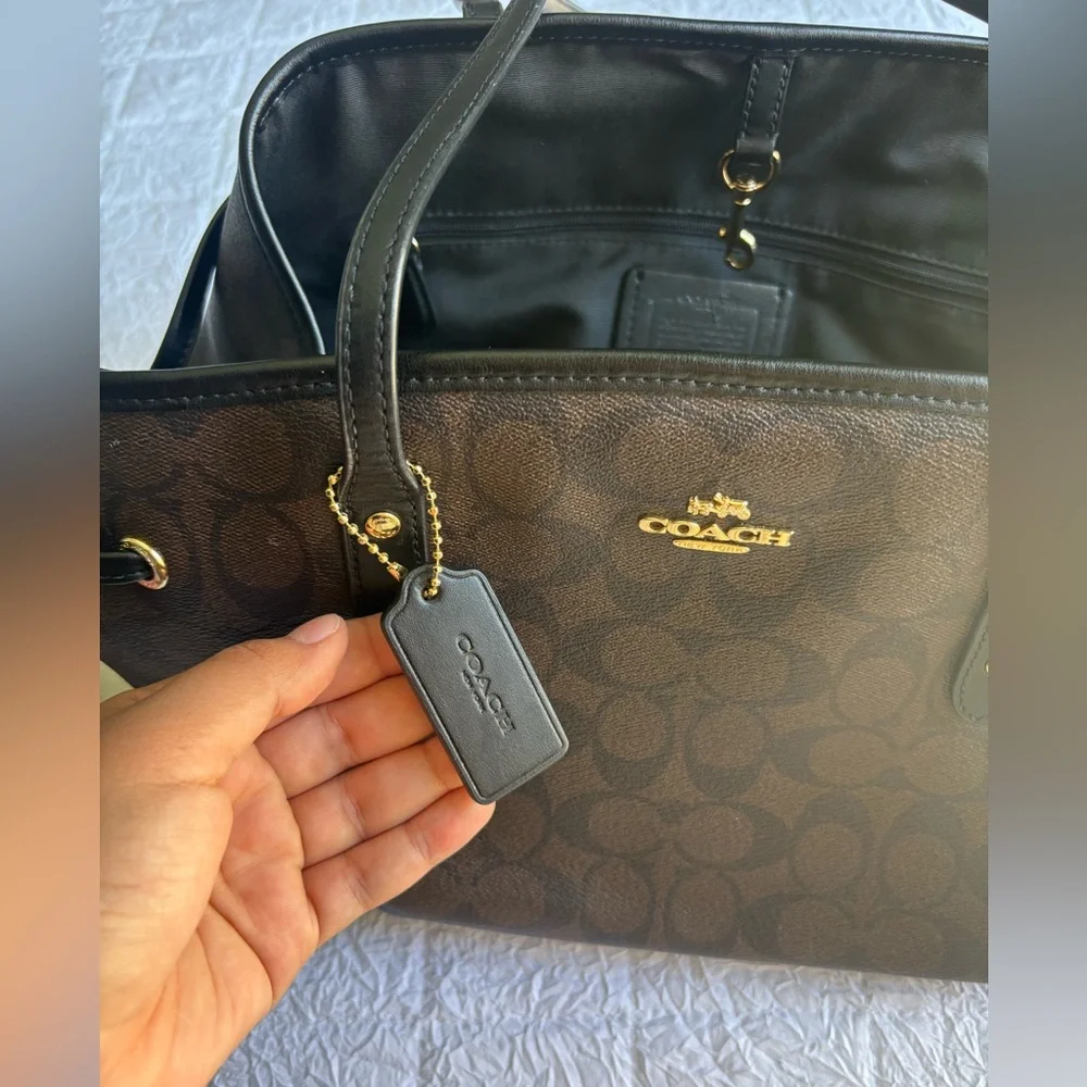 Coach Dark Brown Signature Canvas Tote with Black Trim - Gold clasp